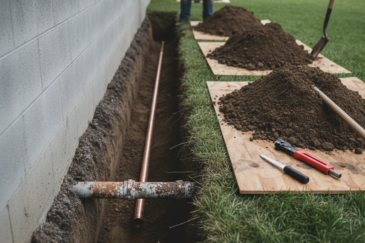 Excavated water line trench during Water Softener Installation in Liberty